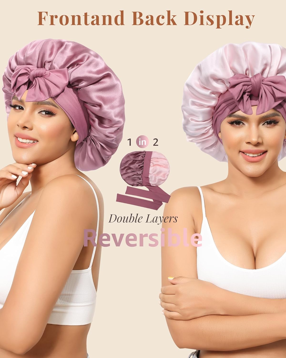 Silk Bonnet for Sleeping - 100% Mulberry Silk Reversible Hair Wrap | Dust Rose/Pink, 2-Layer Design