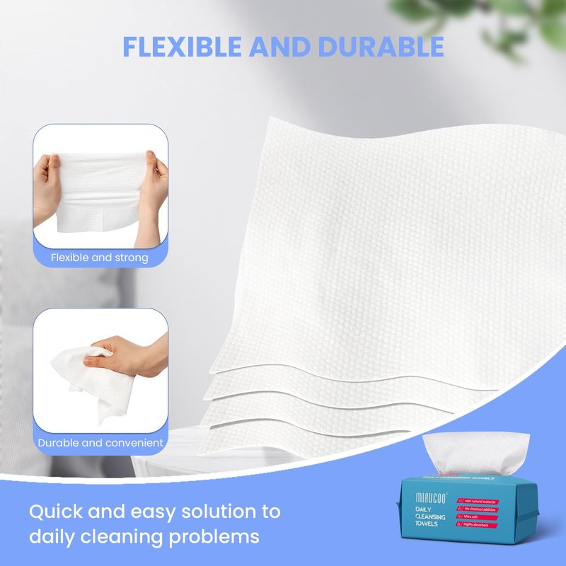 Mirucoo 100 Sheet Daily Cleansing Towels Ultra Soft Dry Wipes for Sensitive Skin Disposable Facial Washcloths 100% Organic Viscose (Pack of 3)