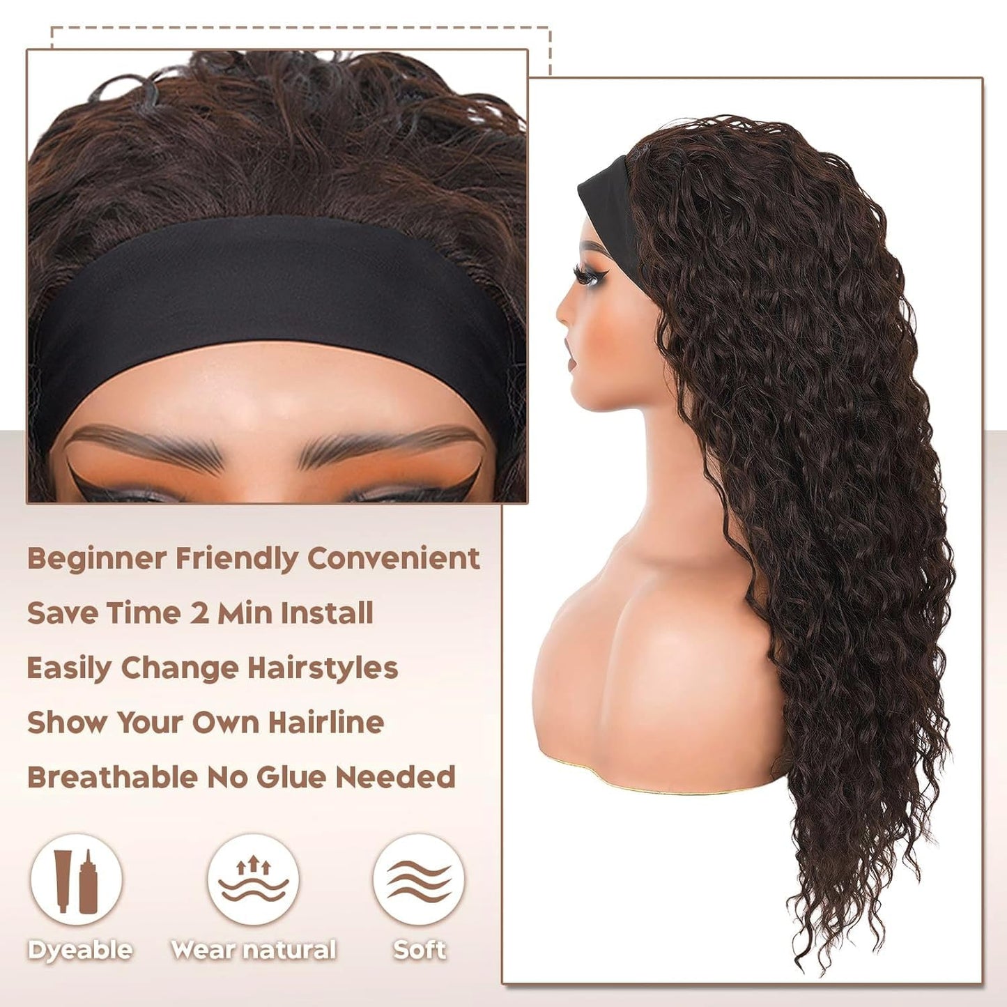 Emistar Curly Headband Wigs for Black Women Wet and Wavy Afro Headband Wig Water Wave Blend Human Hair & Synthetic Hair Ready to Go Glueless Half Wigs 180% Density (Natural Color-#4B, 16 Inch)