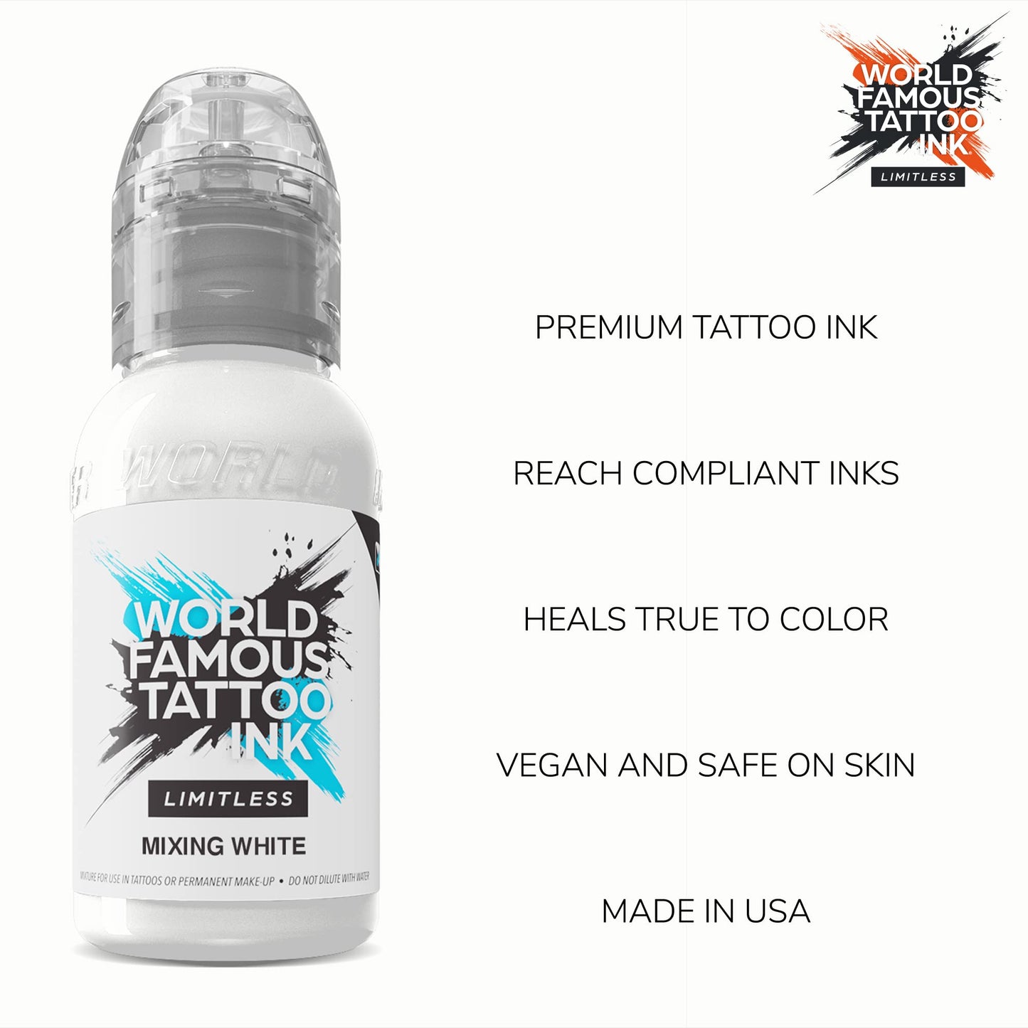 World Famous Tattoo Ink Limitless - Mixing White Tattoo Ink - Professional Tattoo Ink & Tattoo Supplies - Skin-Safe Permanent Tattooing in Bold Shades - Vegan & Non-Toxic (1 oz)