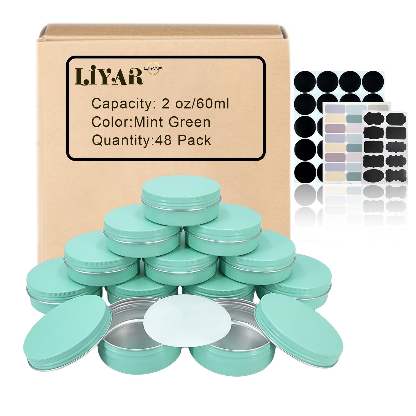 LIYAR Aluminum Tins with Lids for Salve, Salve Tins Container Round Cosmetic Tin Jars Candle Jars Aluminum Tin Cans with Screw Lids for Spice,Salve,Candles(Mint Green) (Mint Green, 48 Pack - 1 oz)