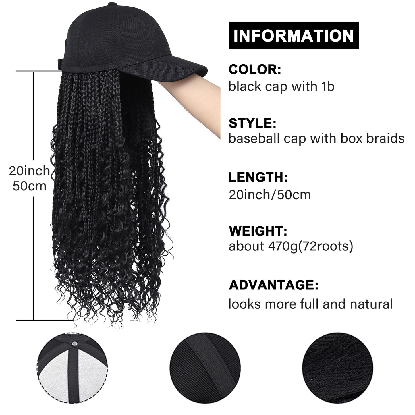 GUOJIAN Goddess Box Braiding Baseball Cap Wig, Black Bohemian Curly Ends Box Braids Hat with Braided Hair Extensions for Black White Women, Synthetic Braids Hat Wig with Hair Attached