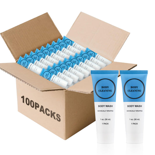 Travel Size Body Wash, Individually Wrapped Bulk 1 oz/30 ml Mini Shower Gel Set Trial Sample Small Single Use Toiletries Amenities Kit for Men & Women for Hotel/Camping/Vacation/Homeless (100 Pack)