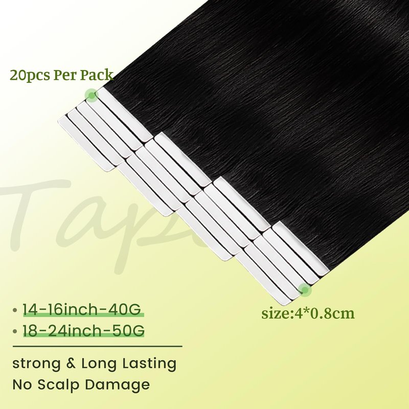 DNE Tape in Hair Extensions Real Human Hair, 14 Inches 20Pcs/50g per Pack Seamless Invisible Double Sided Tape, #1 Jet Black Straight Extensions for Women/Girls