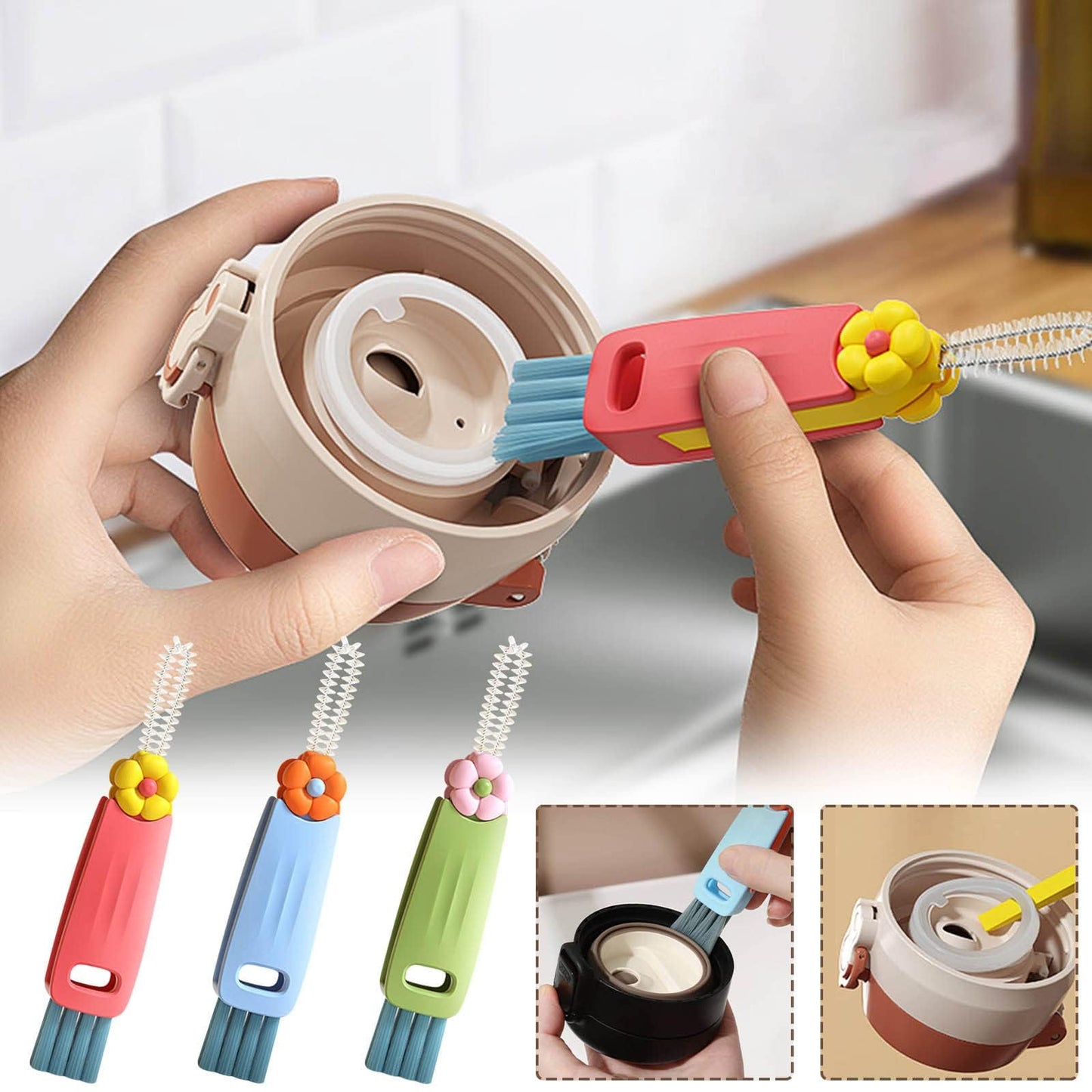 3 in 1 Multifunctional Cup Lid Cleaner - Crevice Cleaning Brush Set for Tight Spaces, Baby Bottles & More - Portable & Upgrade A3