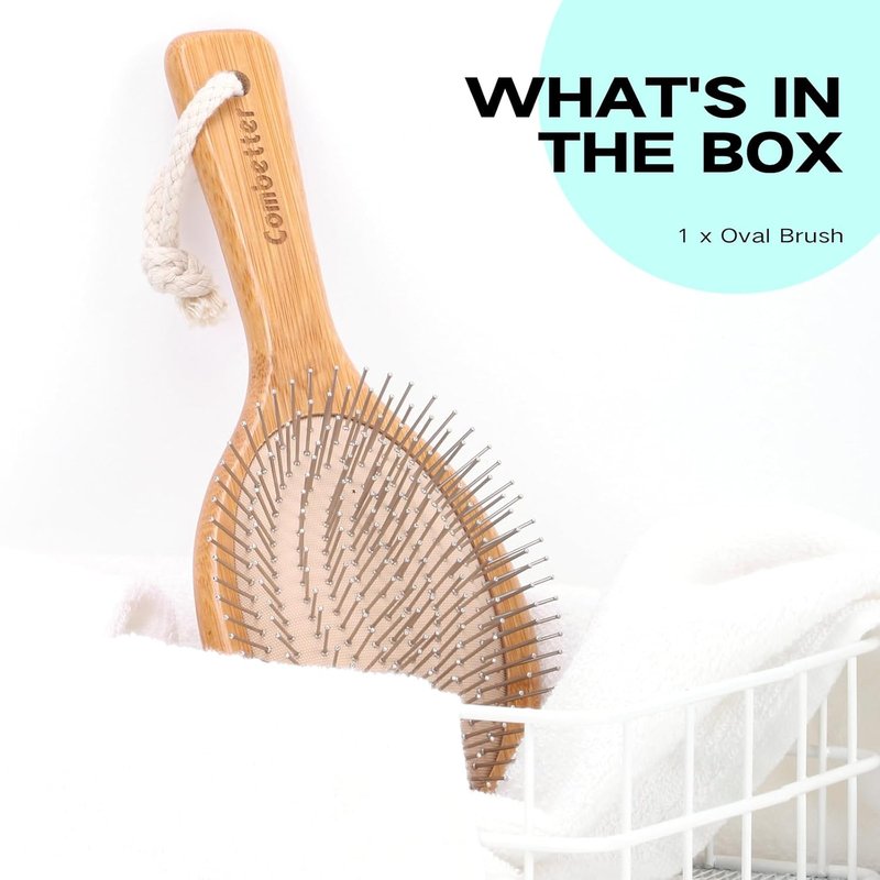Bamboo Hair Brush - Detangling & Smoothing Scalp Massage Brush | Natural Wood with Metal Bristles for All Hair Types