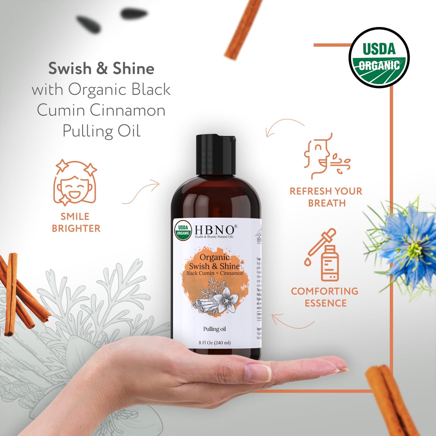HBNO Black Cumin & Cinnamon Bark Pulling Organic Oil 8oz (240ml) Value Size - Ideal for everyday use as a mouth freshener