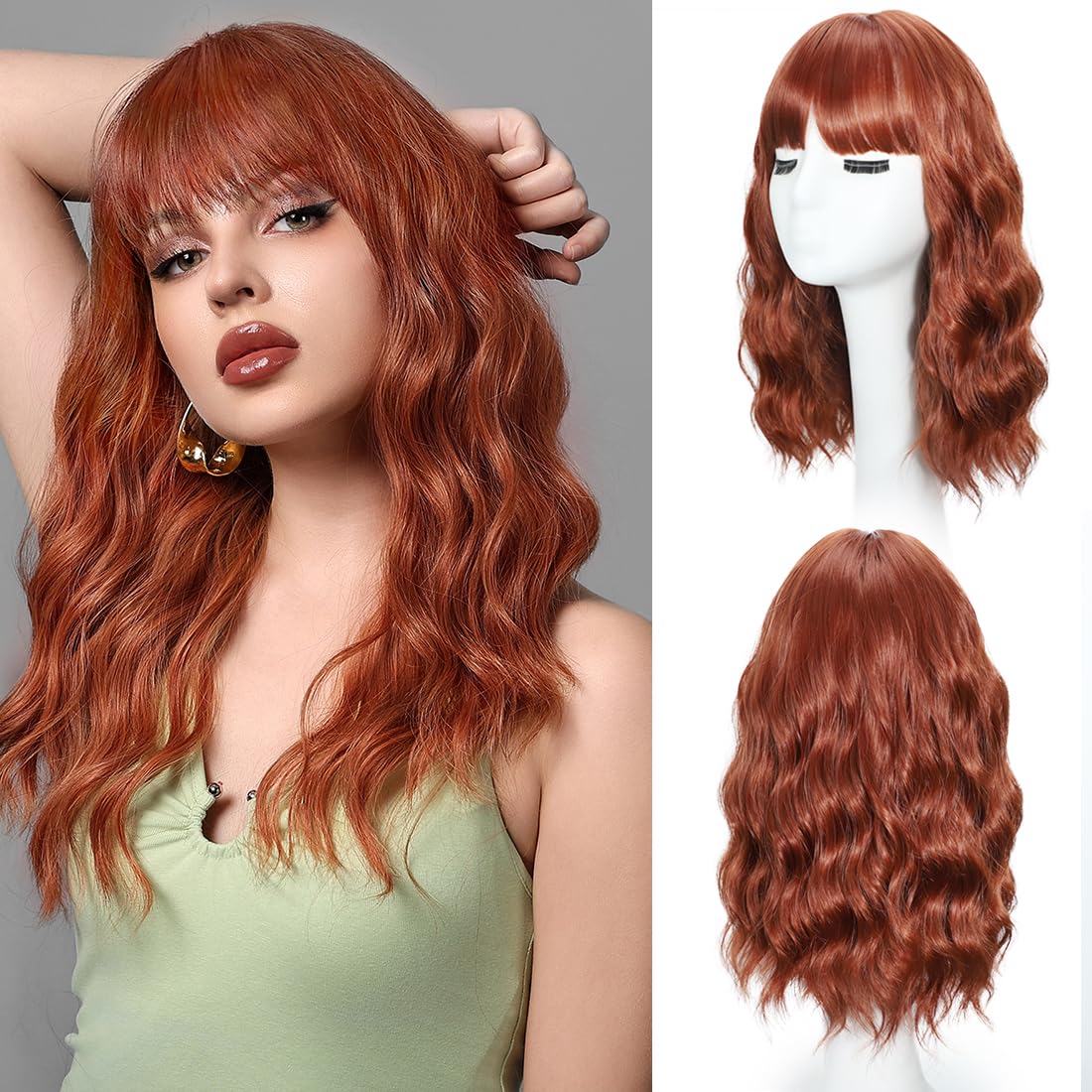 iAelev Wigs With bangs Brown Highlight 12 Inch Short Length Wigs for Women - Middle Part Synthetic Wavy Hair with Upgraded Strands, Natural Hair for Daily Party & Halloween Use793-X33H30