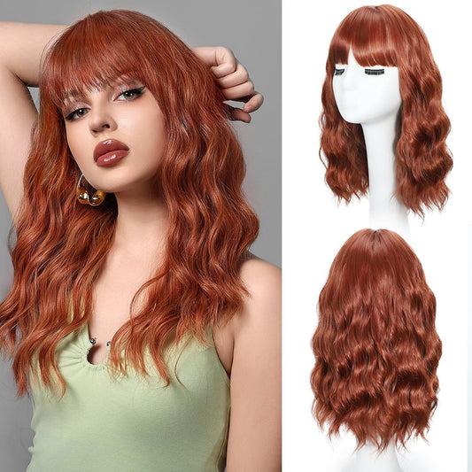 iAelev Wigs With bangs Brown Highlight 12 Inch Short Length Wigs for Women - Middle Part Synthetic Wavy Hair with Upgraded Strands, Natural Hair for Daily Party & Halloween Use793-X33H30