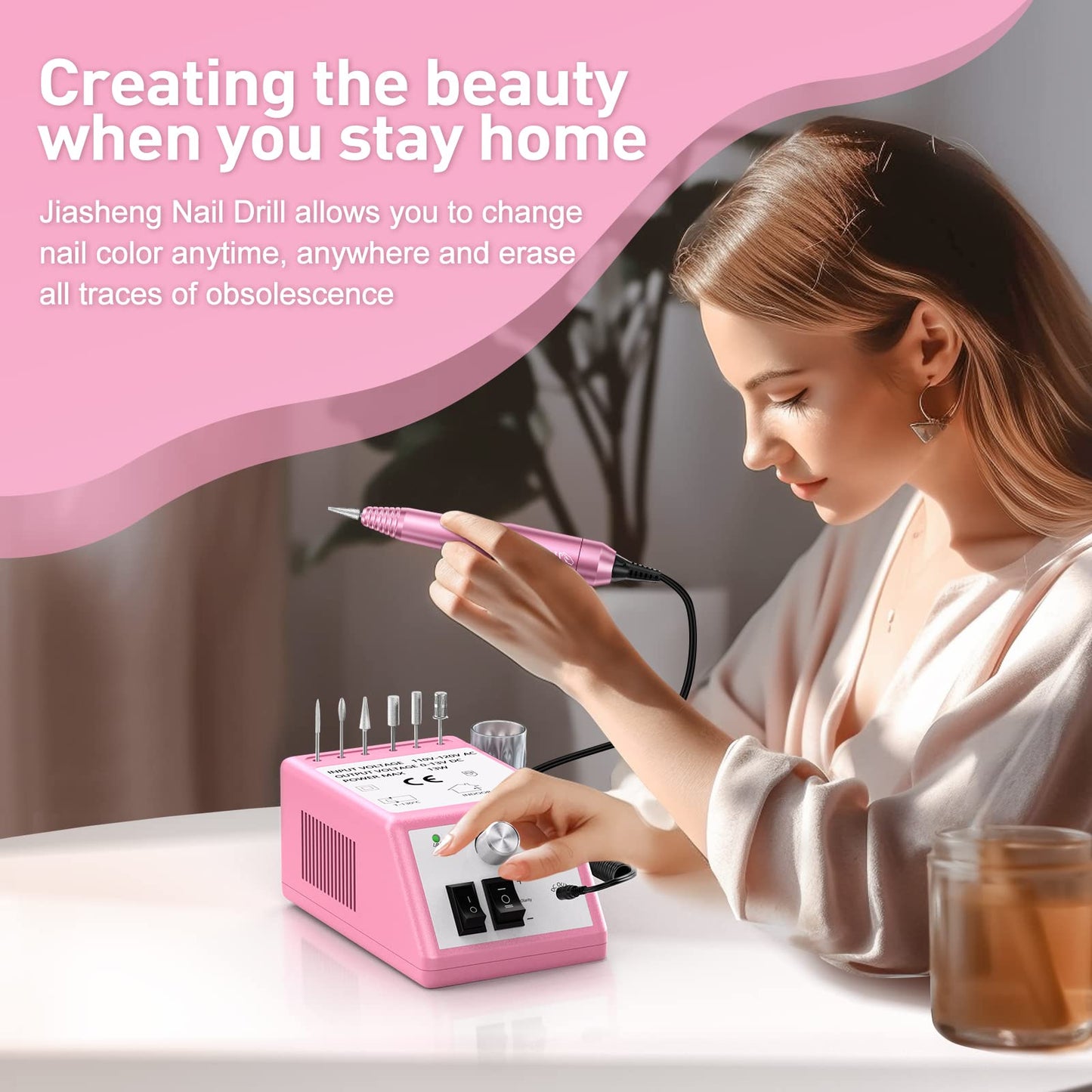 20000RPM Electric Nail Drill Professional Nail File Drill Acrylic Nails Kit for Manicure Gel Nail Polish Remover with 1 Pack of Sanding Bands(Pink)