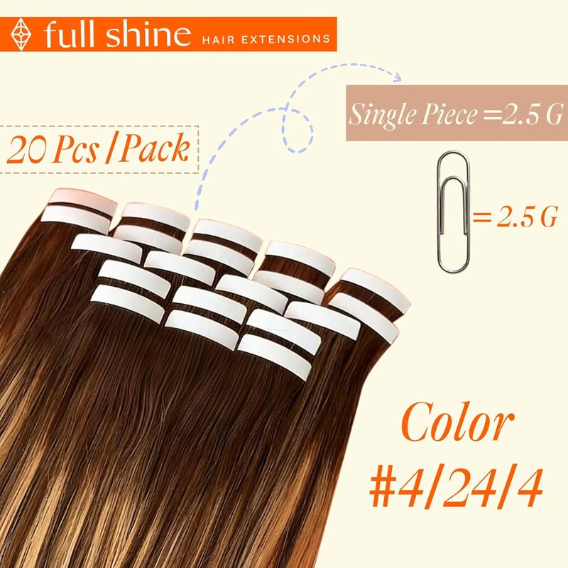 Real Human Hair Tape-In Extensions - 20 Inch Double-Sided, Dark Brown to Ash Brown | 50g Seamless Volume Boost