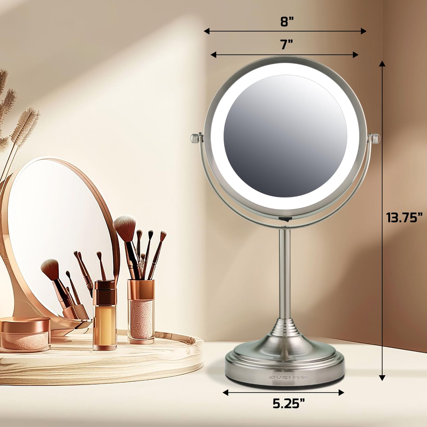 OVENTE 7'' Lighted Makeup Mirror with 1X/7X Magnification, Cordless Tabletop Mount Vanity Mirror with 360° Swivel Design & Double Sided Glow Cosmetic White LED Ring Light, Nickel Brushed MCT70BR1X7X