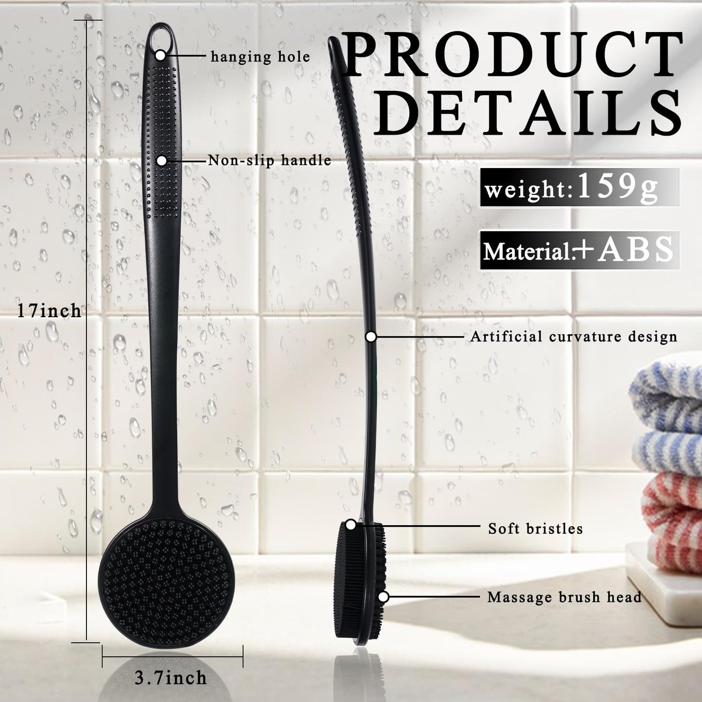 2 Pack Back Scrubber for Shower, 17in Lengthen Long Handle Body Brush, Double Sided Shower Brush for Shower Exfoliating and Massage Can Produce Rich Foam, Long Handle Back Scrubber for Men