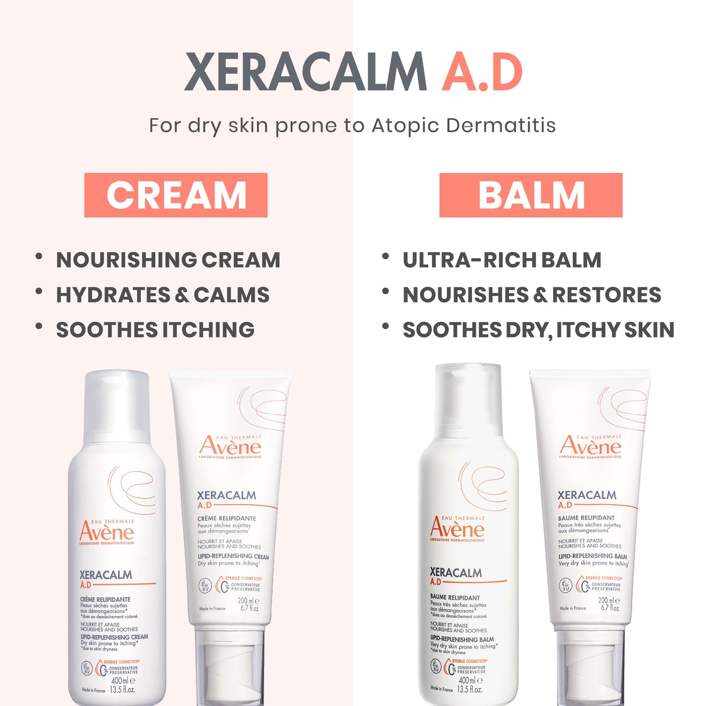 Avène XeraCalm A.D Lipid-Replenishing Cream, Atopic Dermatitis, Eczema-Prone Skin, For Dry, Itchy Skin, Restore Skin barrier, For Infants, Children & Adults, No Preservative, Fragrance-Free 6.7 Oz.