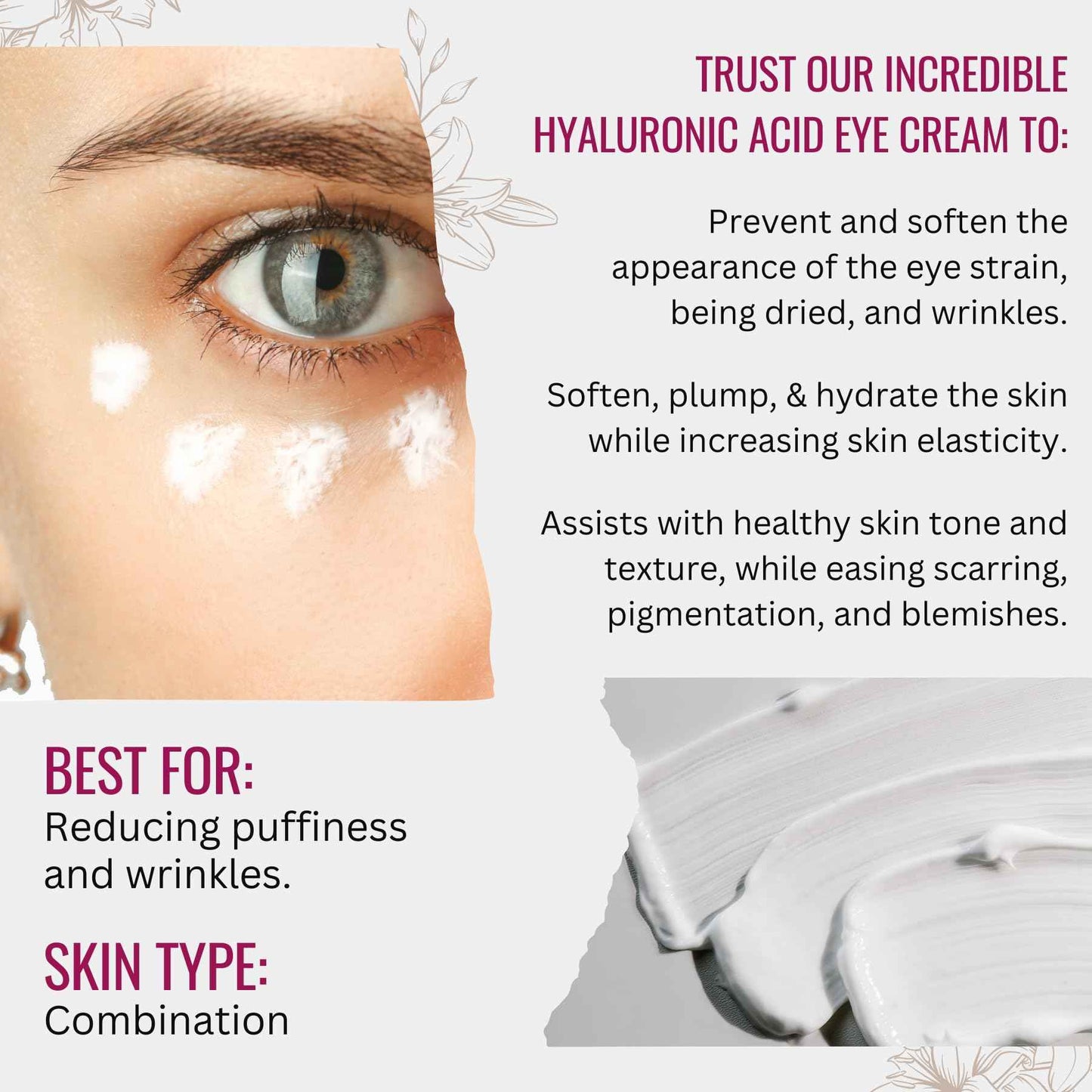 Hyaluronic Acid Eye Cream with Plant Extracts, Manuka Honey, Eye Bright Extract & Vitamin E | Plant Based Formula | Carefully formulated to keep your eyes bright and healthy!