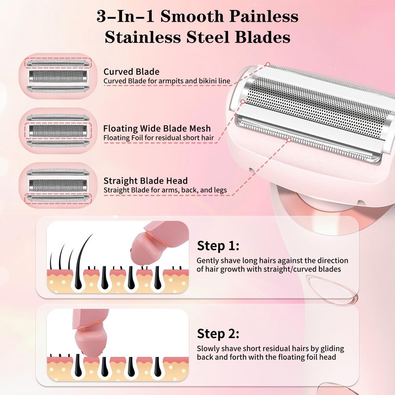 Electric Shaver for Women, Silk Glide Pro Shaver, 2 in 1 Wet & Dry Waterproof Electric Razors with Removable Head, Bikini Trimmer for Women for Leg Arm Underarm Bikini Area (Pink)