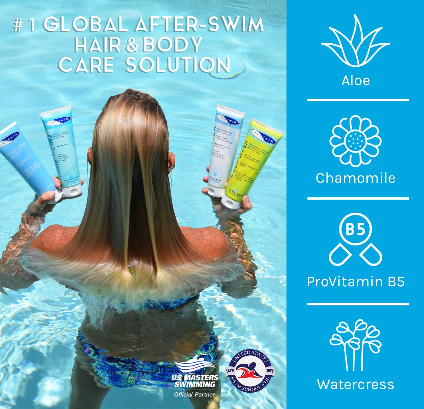 TRISWIM Pack of 4 Swim Care Set | Chlorine Removal Shampoo, Conditioner, Body Wash & Lotion, 8.5 fl oz Each | Removes Chlorine from Hair & Skin | Hydrates, Repairs & Protects Swimmers