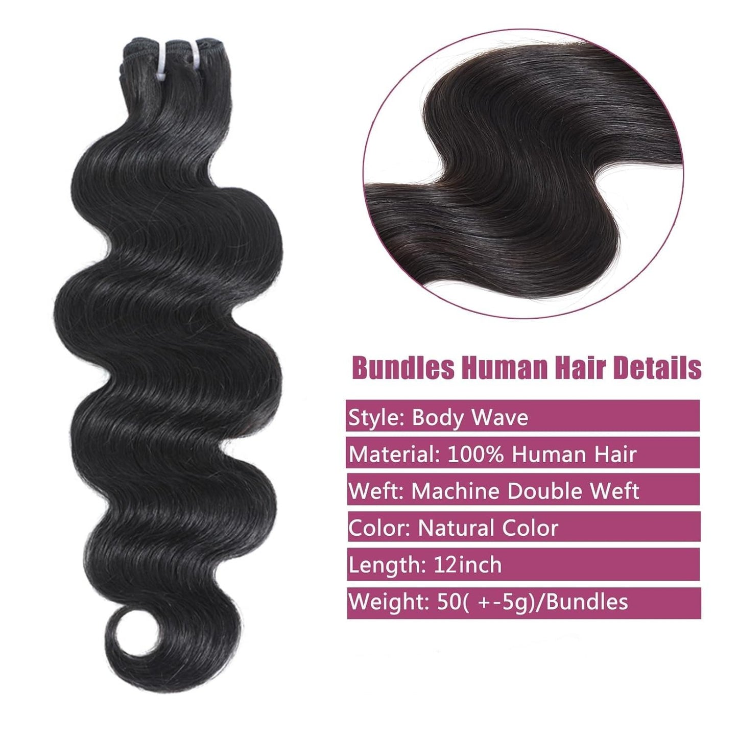 DAHONG HAIR 12A Remy Cuticle Aligned Human Hair Body Wave 4 Bundles 12 Inch, Double Machine Weft No Shedding No Tangling Thick Ends Natural Black, Quick Weave for Daily & All Occasions