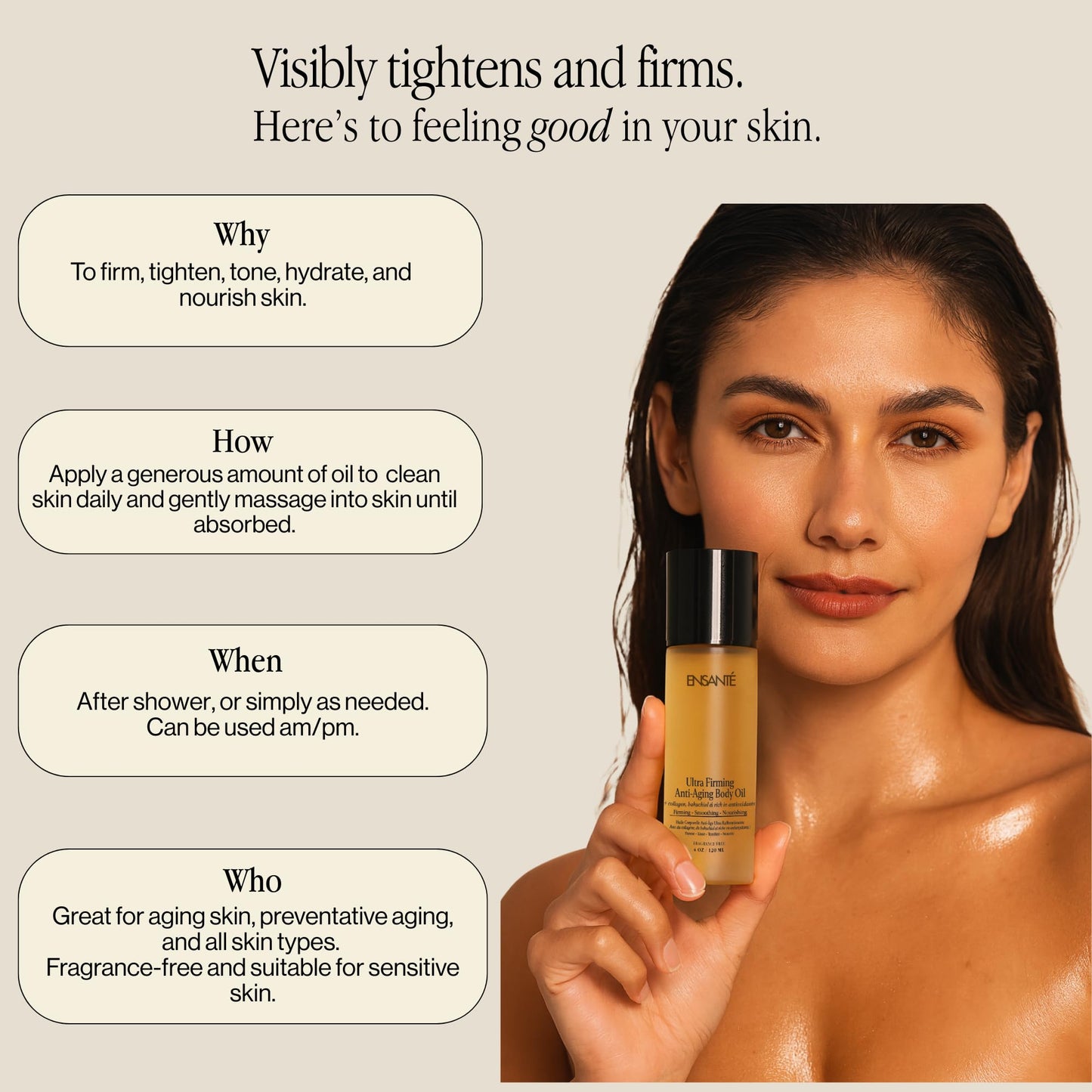 ENSANTÉ Body Firming Oil with Collagen Peptides, Cellulite Massage Oil, Body Glow Oil, Firming Body Oil for Women, Unscented Body Oil for Skin Tightening & Smoothing, Fast Absorbing, Non Greasy