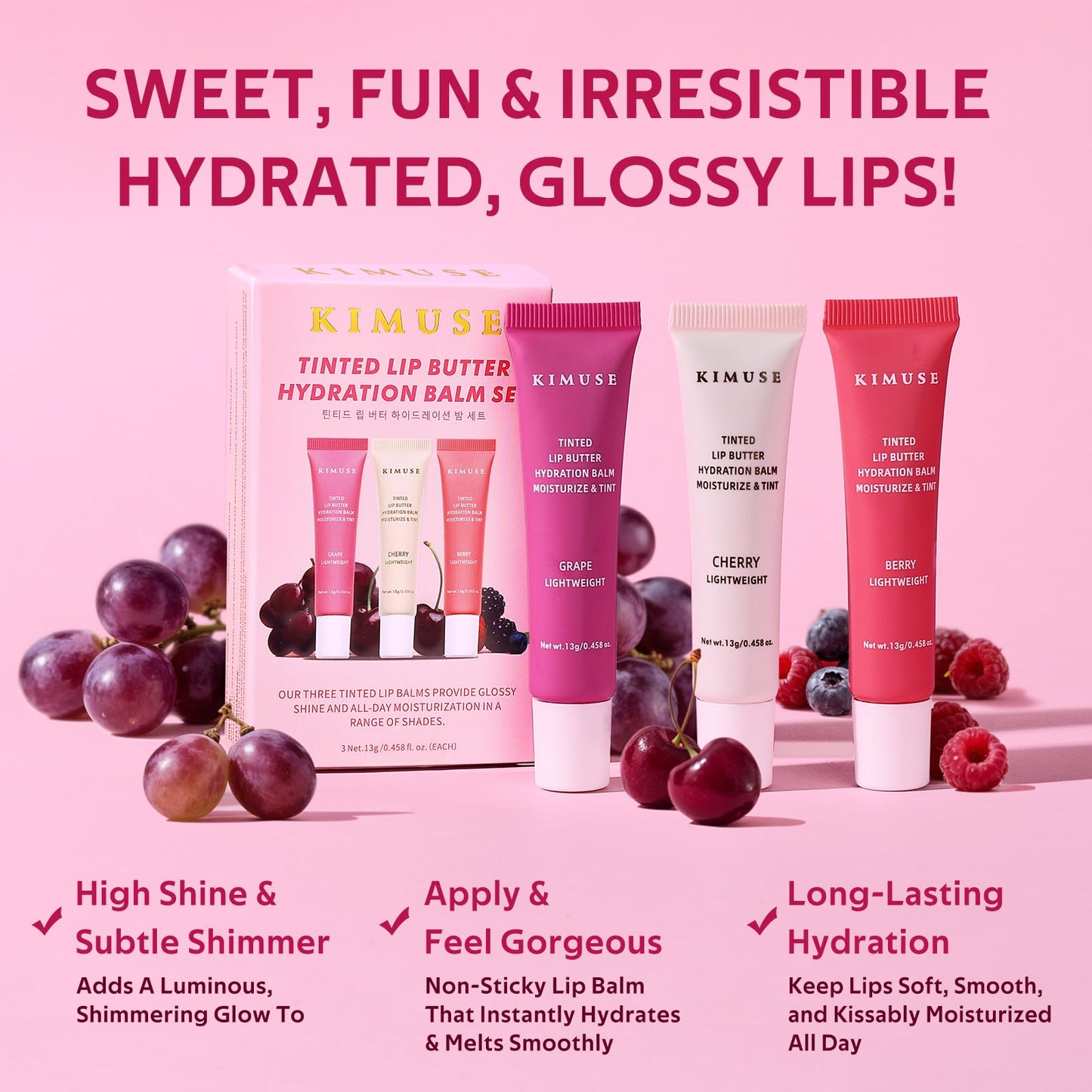KIMUSE 3 Pack Tinted Lip Butter Hydration Balm, Hydrating Lip Treatment with Hyaluronic Acid & Vitamin E, Tinted Lip Balm for Instant Moisture, Shine & Hydration, Supple Lips, Vegan & Cruelty-Free