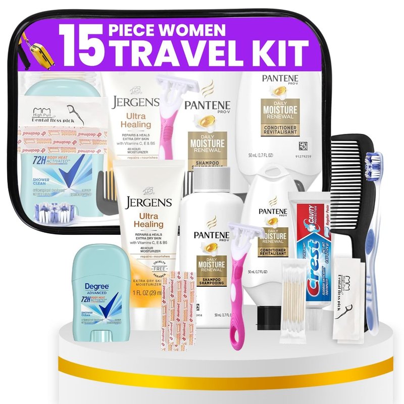 TrekTote Travel Essentials Kit for Women - 15-Piece TSA Compliant Toiletry Set | Includes Shampoo, Conditioner & More