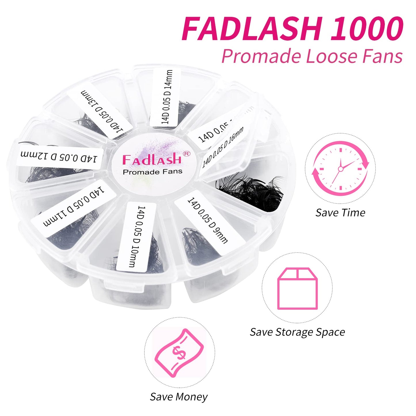Lash Extension 1000pcs Mixed Premade Fans Eyelash Extensions D Curl Promades Eyelash Volume Lash Extensions Loose Fans Pre Made Volume Lashes Pointed Base (14D-0.05D, 9-16mm)