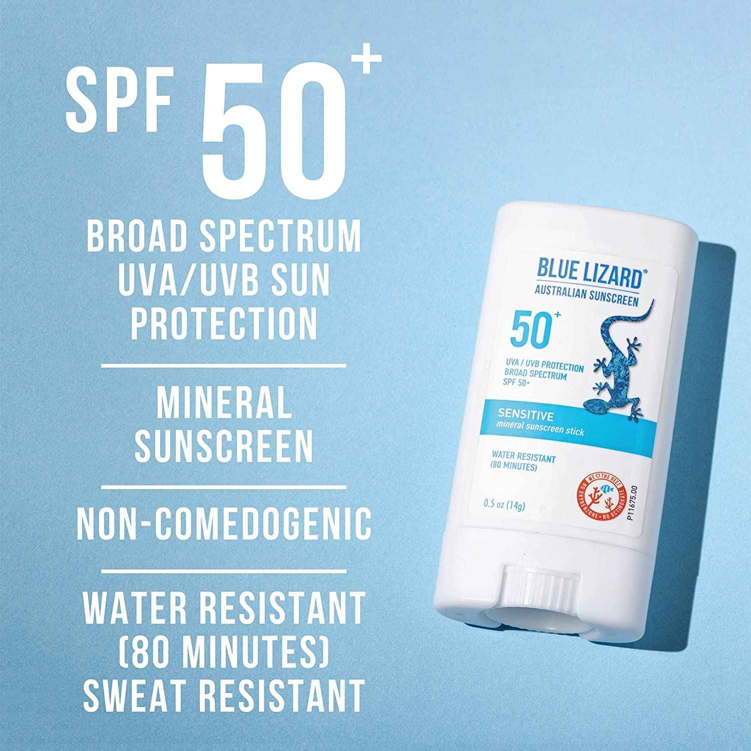 BLUE LIZARD Sensitive Mineral Sunscreen Stick with Zinc Oxide, SPF 50+, Water Resistant, UVA UVB Protection Easy to Apply, Fragrance Free, 0.5 Oz (Pack of 2)