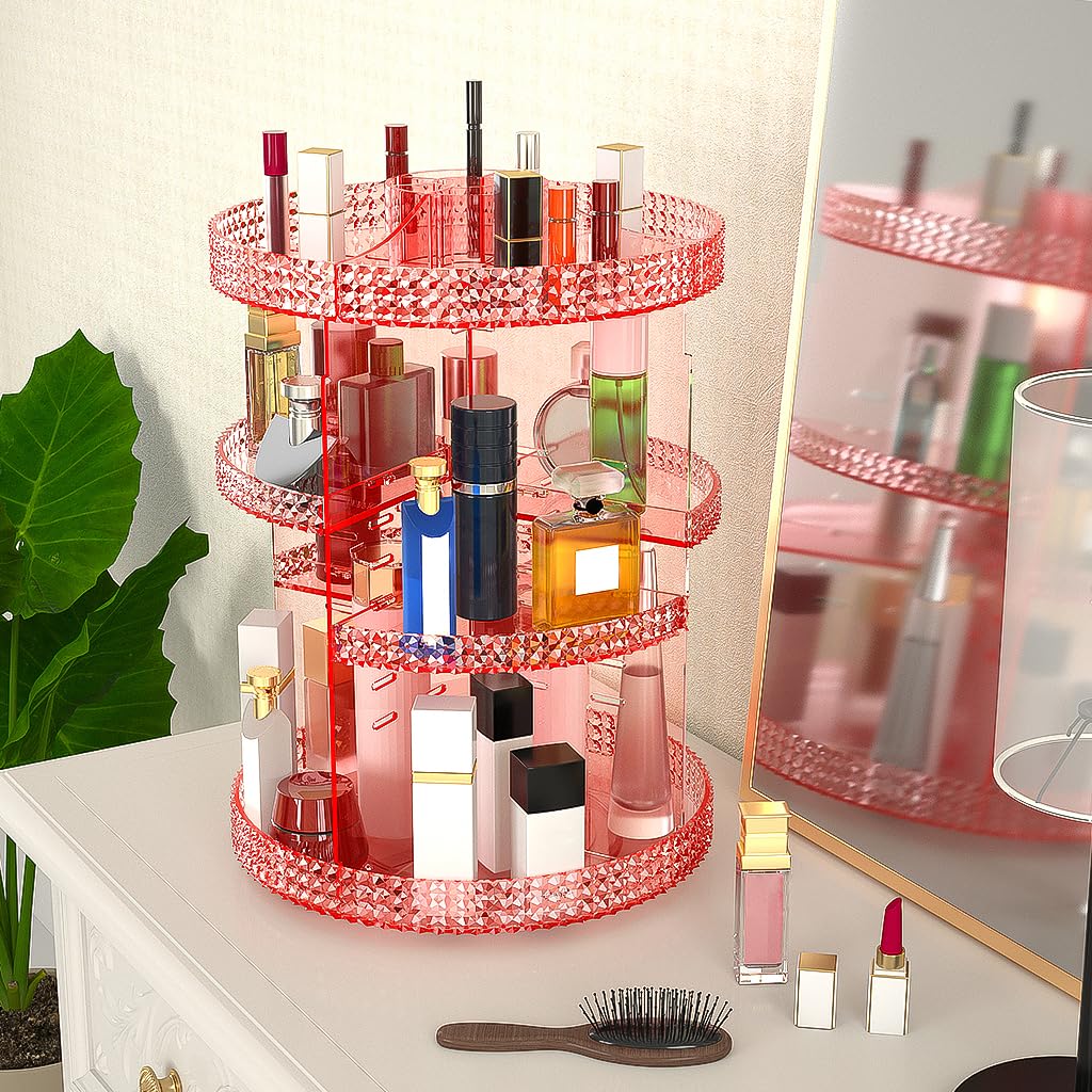 HEMTROY 360 Degree Rotating Makeup Organizer, Extra Large Capacity Perfume Holder, Removable 7 Layers Cosmetics Organizer, Make Up Organizer For Countertop Storage Skincare or More (Pink)