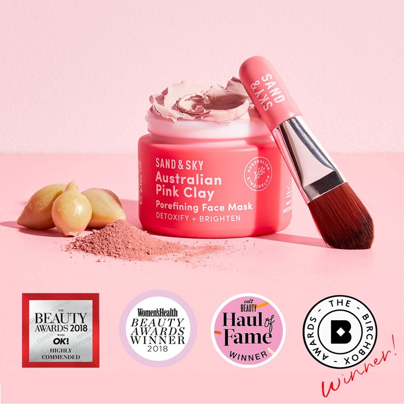 Sand & Sky Clay Mask for Face Pore Minimizer - Australian Pink Clay Detoxifying Face Mask for Pores, Kaolin Clay Mask, Brightening Vitamin C Formula, Brush Included