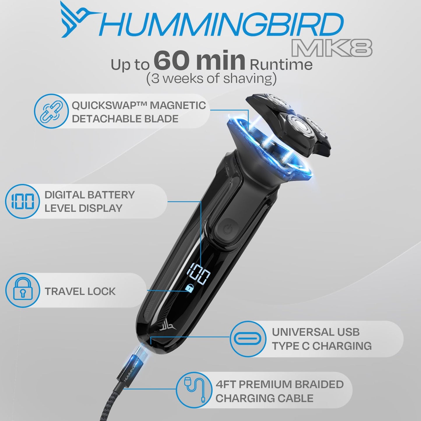 HUMMINGBIRD MK8 Premium Rotary Face Shaver, Rechargeable Wet & Dry Electric Shaver with Pop-up Trimmer, Electric Razor for Men, Waterproof, Cordless USB-C Rechargeable, LED Display, Travel Case