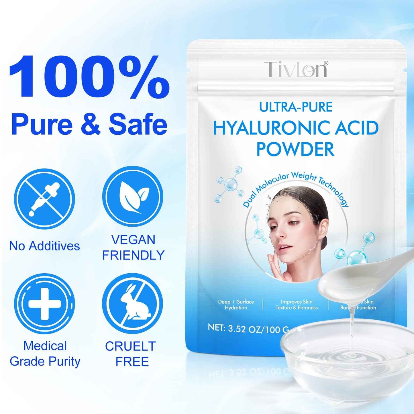 2pack Hyaluronic Acid Powder for Skin, Dual Molecular Weight Hyaluronic Acid Serum Powder, Skin Hydration, Reduce Wrinkles, Improve Skin Elasticity for DIY Serums, 200g