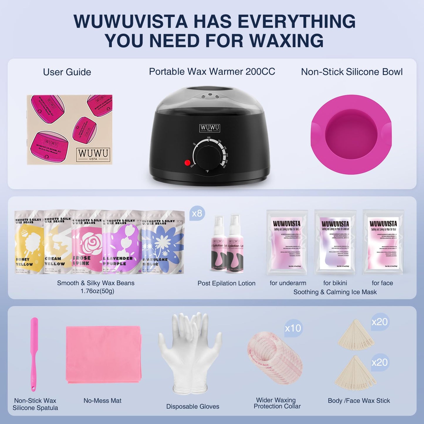 Waxing Kit, WUWUVISTA Hair Removal Hard Wax Kit with Wax Melt Warmer & Waxing Beads for Women & Men - Professional at home Wax Pot for Face/Brazilian/Full Body/Bikini/Sensitive Skin(Purple, 69 items)