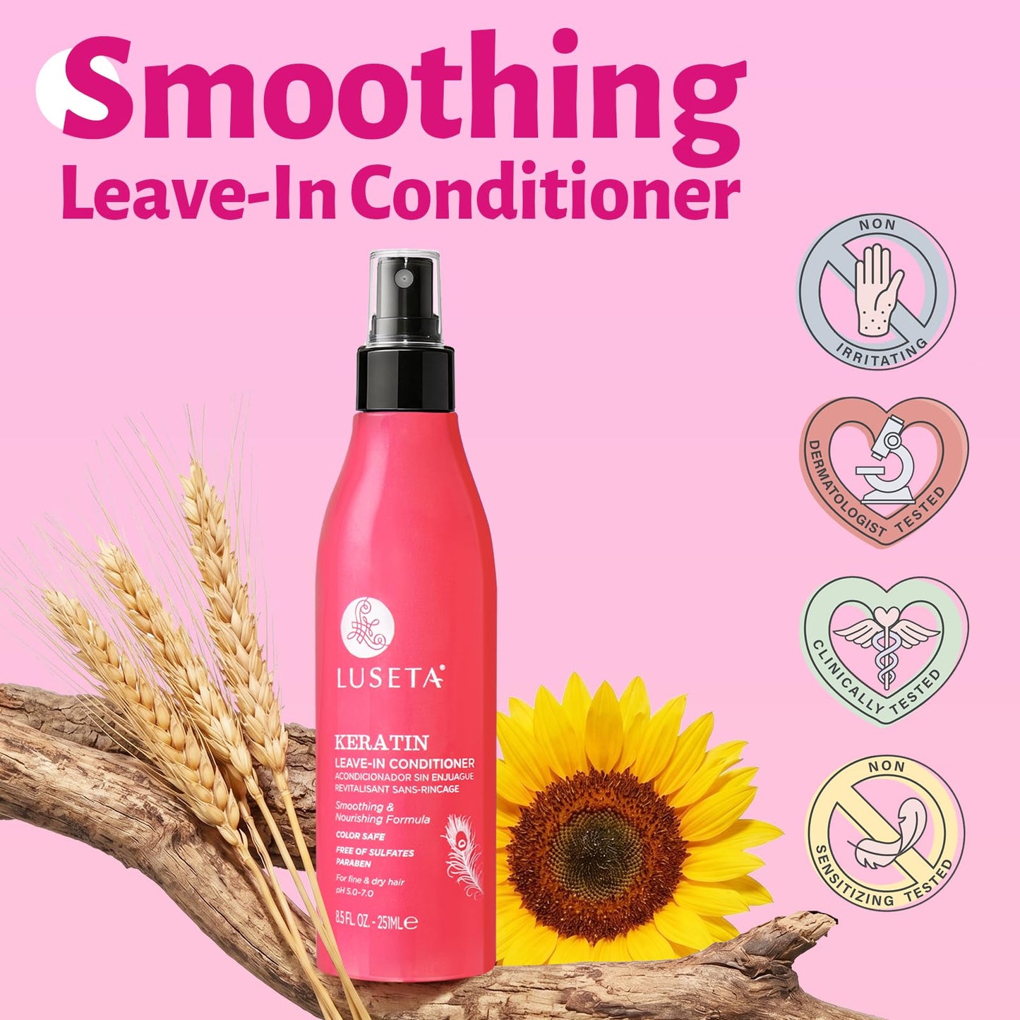 Luseta Keratin Leave in Conditioner, Anti Frizz Conditioning for Curly Hair,Detangling Strengthening Smoothing Moisturizing Repair Treatment for Dry Damaged Hair,Sulfate Free Color Safe, 8.5Fl Oz