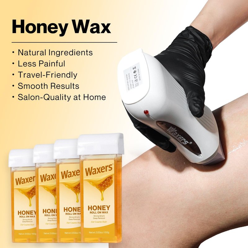 Waxers Roll on Wax Kit for Hair Removal Honey at Home Waxing Kit for Women & Men Roller Wax Cartridge Depilotry for Coarse & Thick Hair with Warmer & Strips