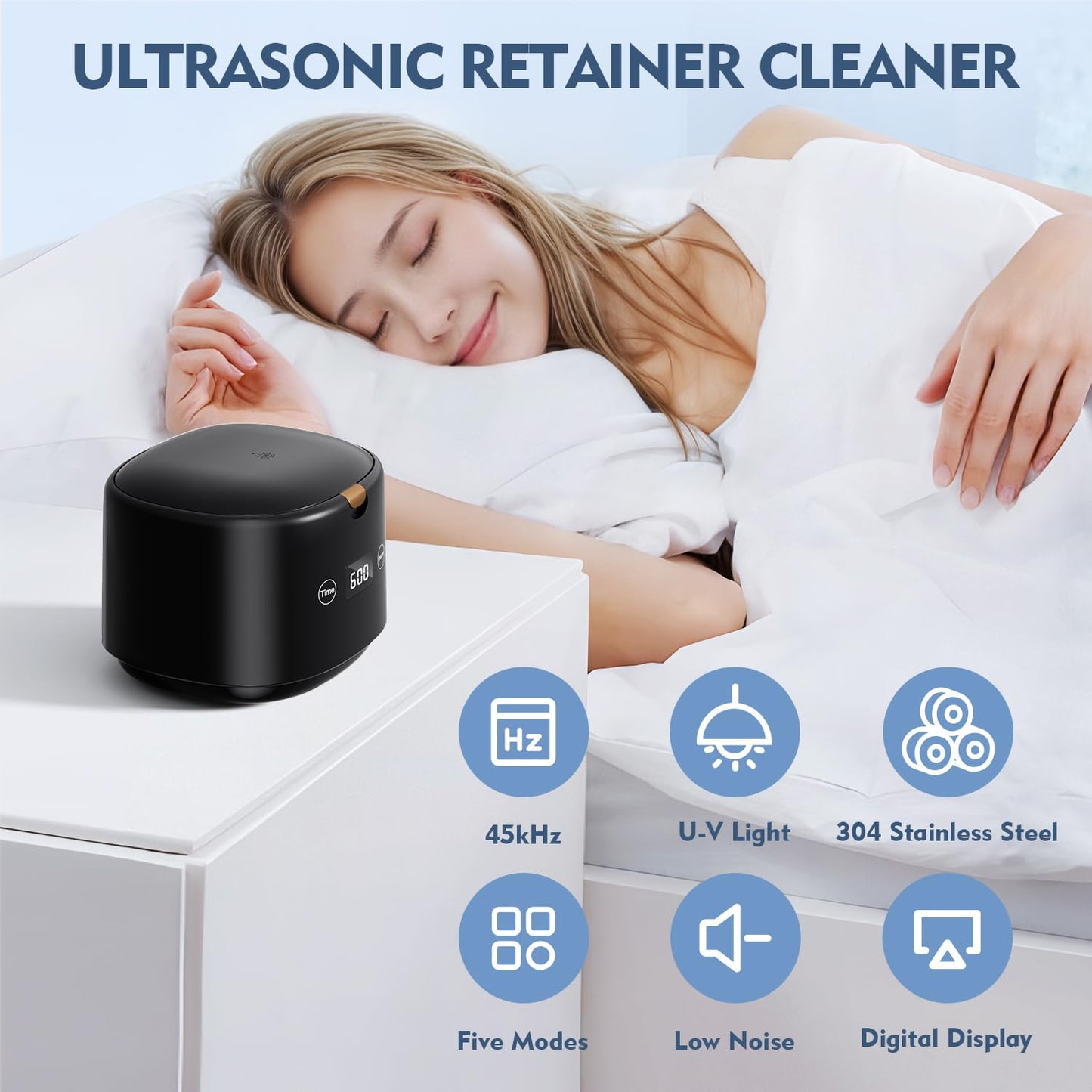 Ultrasonic Retainer Cleaner - 45kHz Sonic Dental Cleaning Machine for Dentures, Mouth Guards & Jewelry | 5 Modes, Black