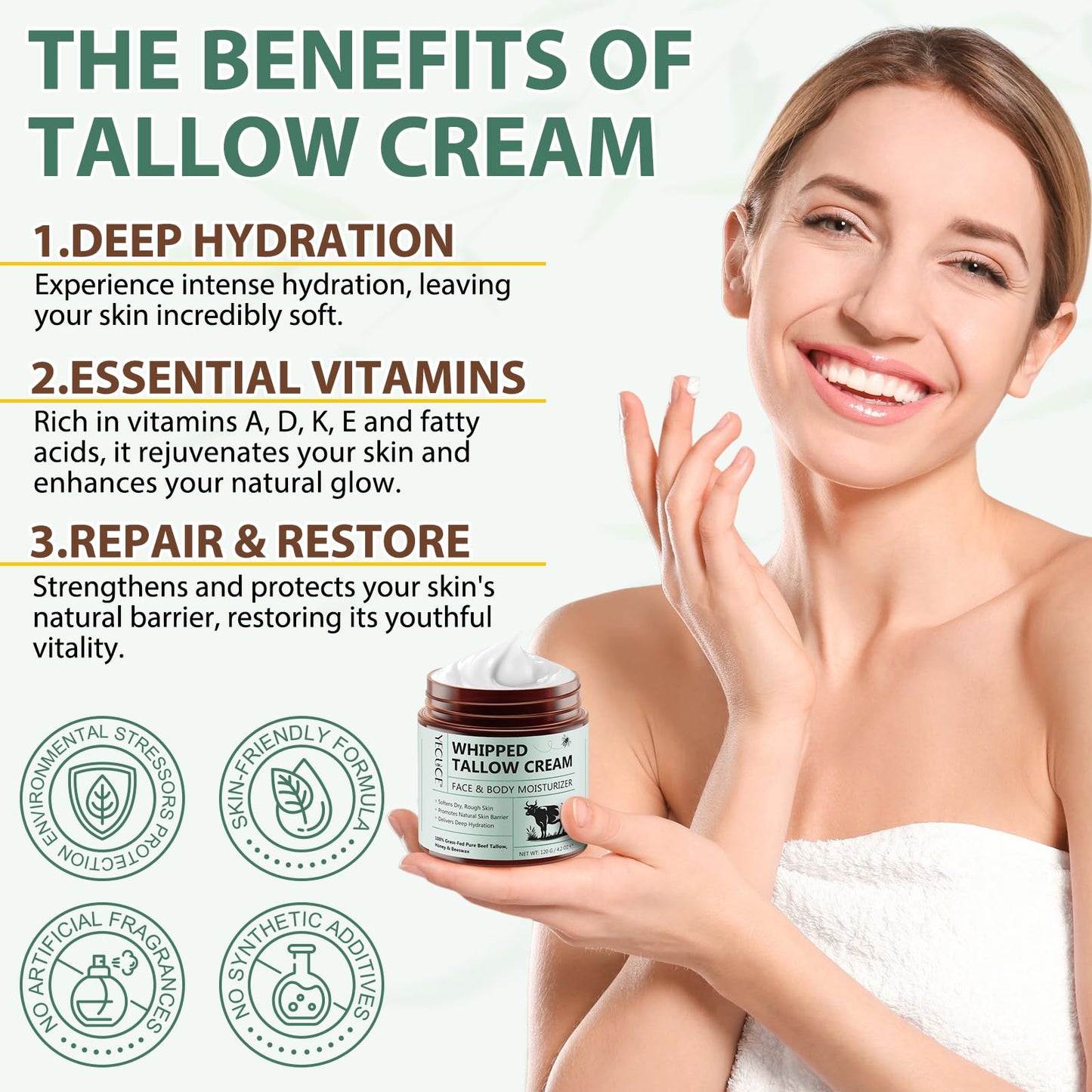 Whipped Beef Tallow for Skin - 100% Grass Fed Pure Beef Tallow with Honey, Natural Moisturizing Cream for Face and Body, Deep Hydration Softens Dry Skin, Nourishing Tallow Cream 4.2 Oz (2 Packs )