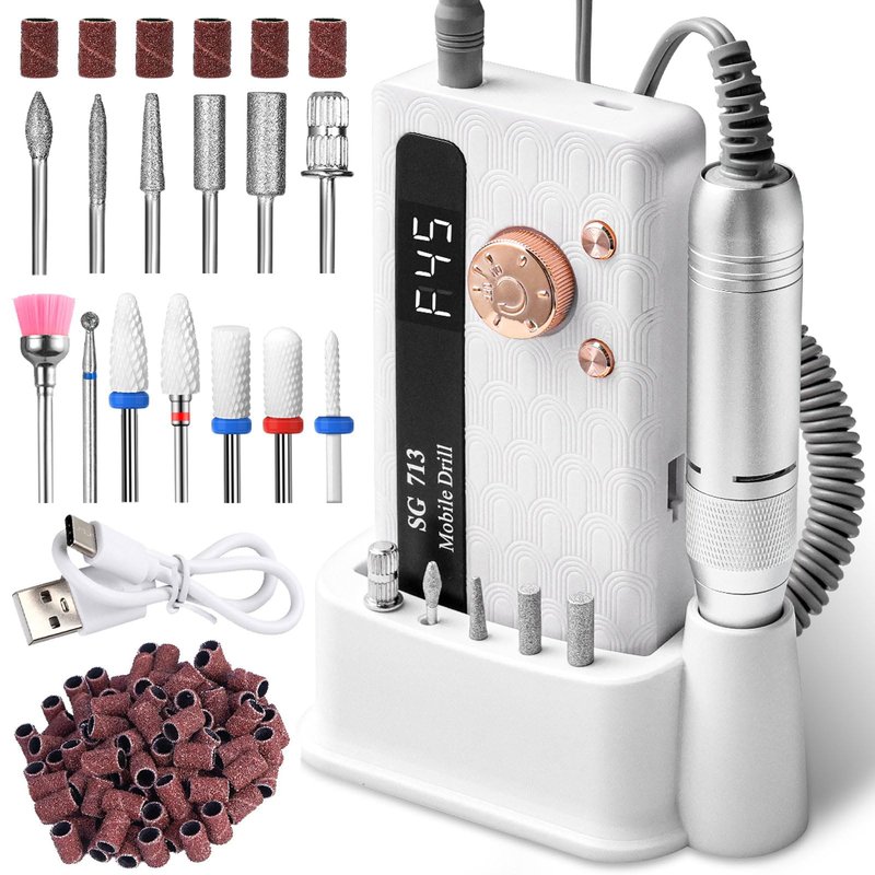 Professional Nail Drill Kit 45000RPM, Portable Electric Nail File with 13 Bits & 56pcs Sanding Bands,LED Screen,Ultra-Silent, Rechargeable Nail Drills Machine for Acrylic Nails Gel Polishing (White)