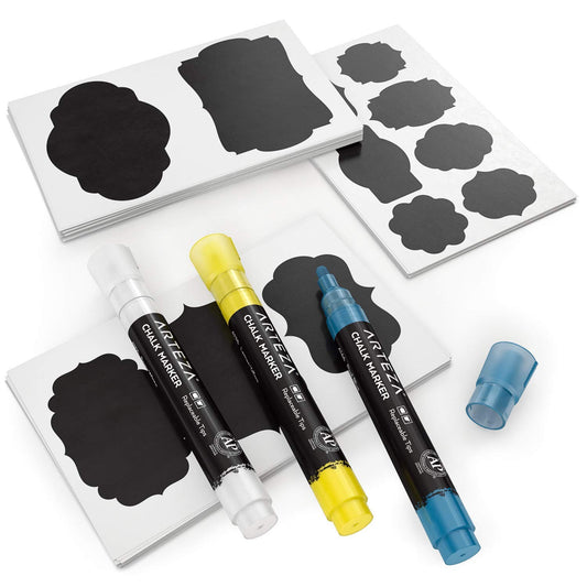 Arteza 150 Chalkboard Labels + 3 Colored Chalk Markers - Removable Chalk Labels for Jars - Waterproof Mason Jar Stickers