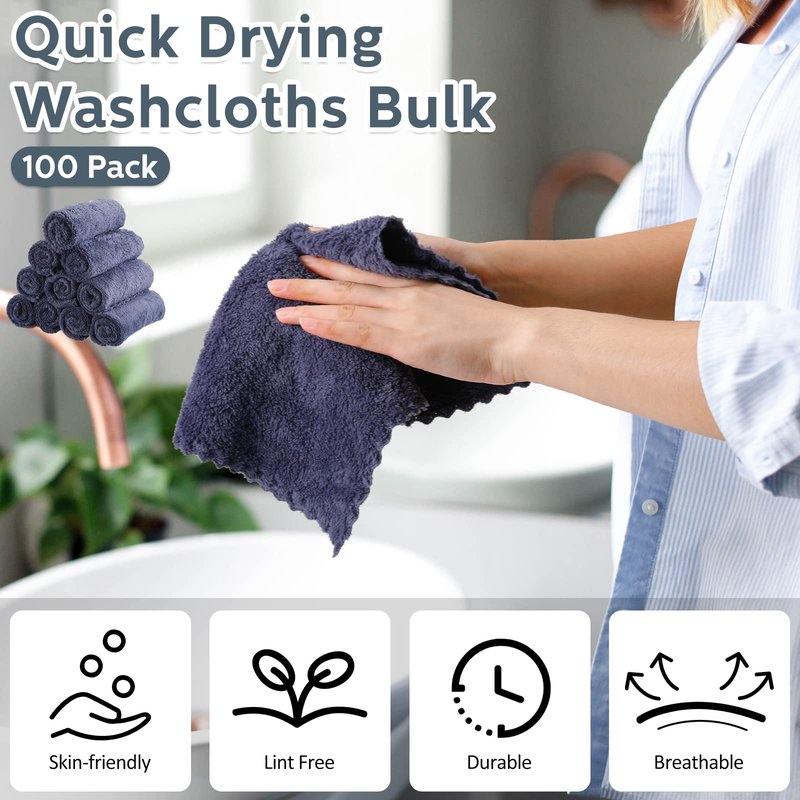 Newwiee 100 Pack Washcloths Bulk, Ultra Soft Wash Cloths 12 x 12 Inch Quick Dry & Absorbent Microfiber Face Towels for Sensitive Skin,Reusable Facial Fingertip Cloths for Bath Spa(Dark Grey)