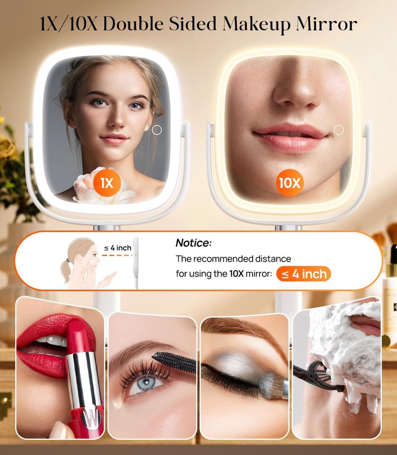 Lighted Magnifying Makeup Mirror - Adjustable Height, 1X/10X Magnification, 4000mAh Battery | 3 Color Modes, Hidden Phone Stand - White