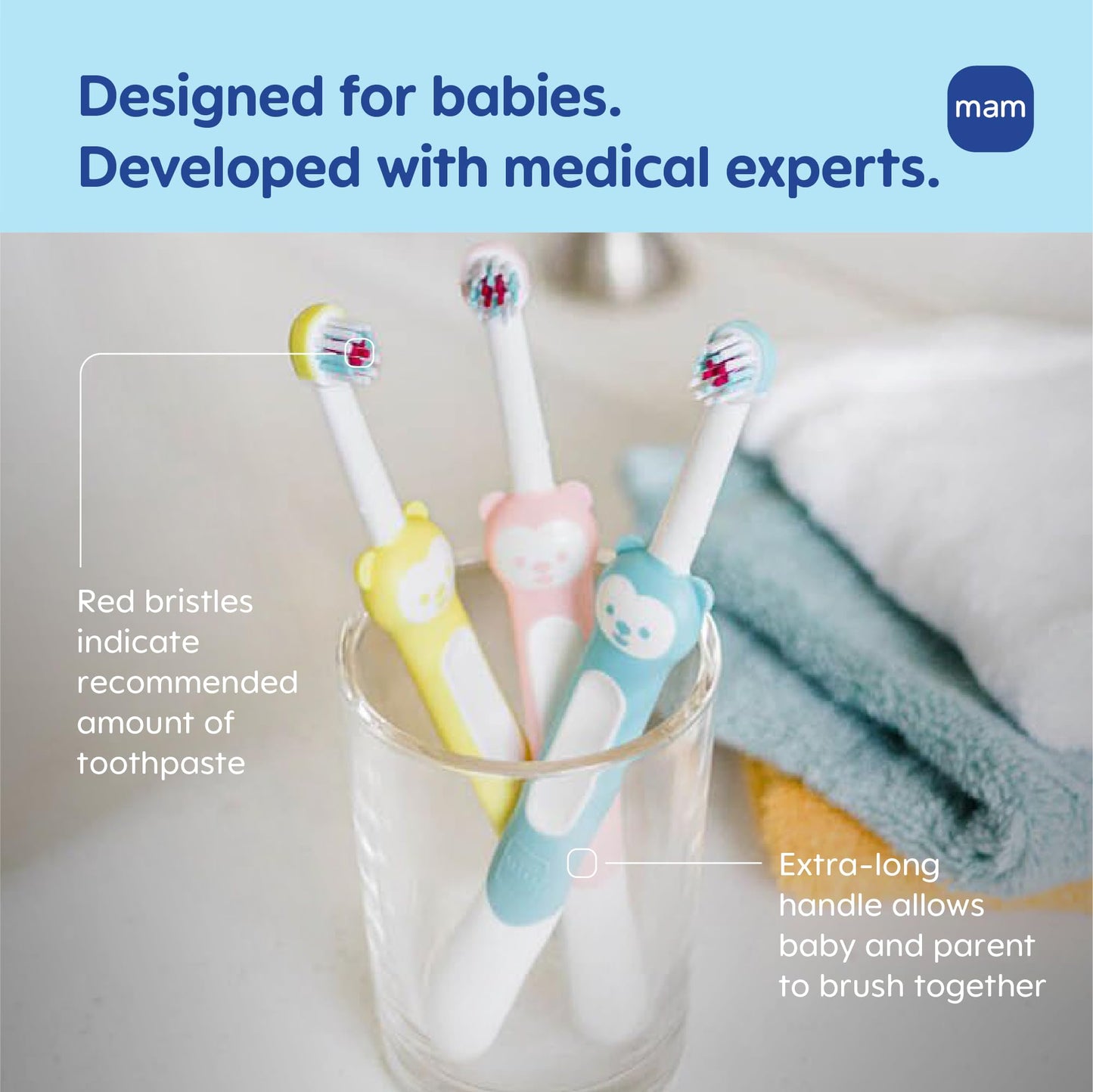 MAM Baby Toothbrush Training Brush 5+ Months – Extra Soft Infant Toothbrush with Safety Shield, Small Rounded Head for First Teeth & Gums, Indicator Bristles, Non Slip Handle, BPA Free (2 Pack)
