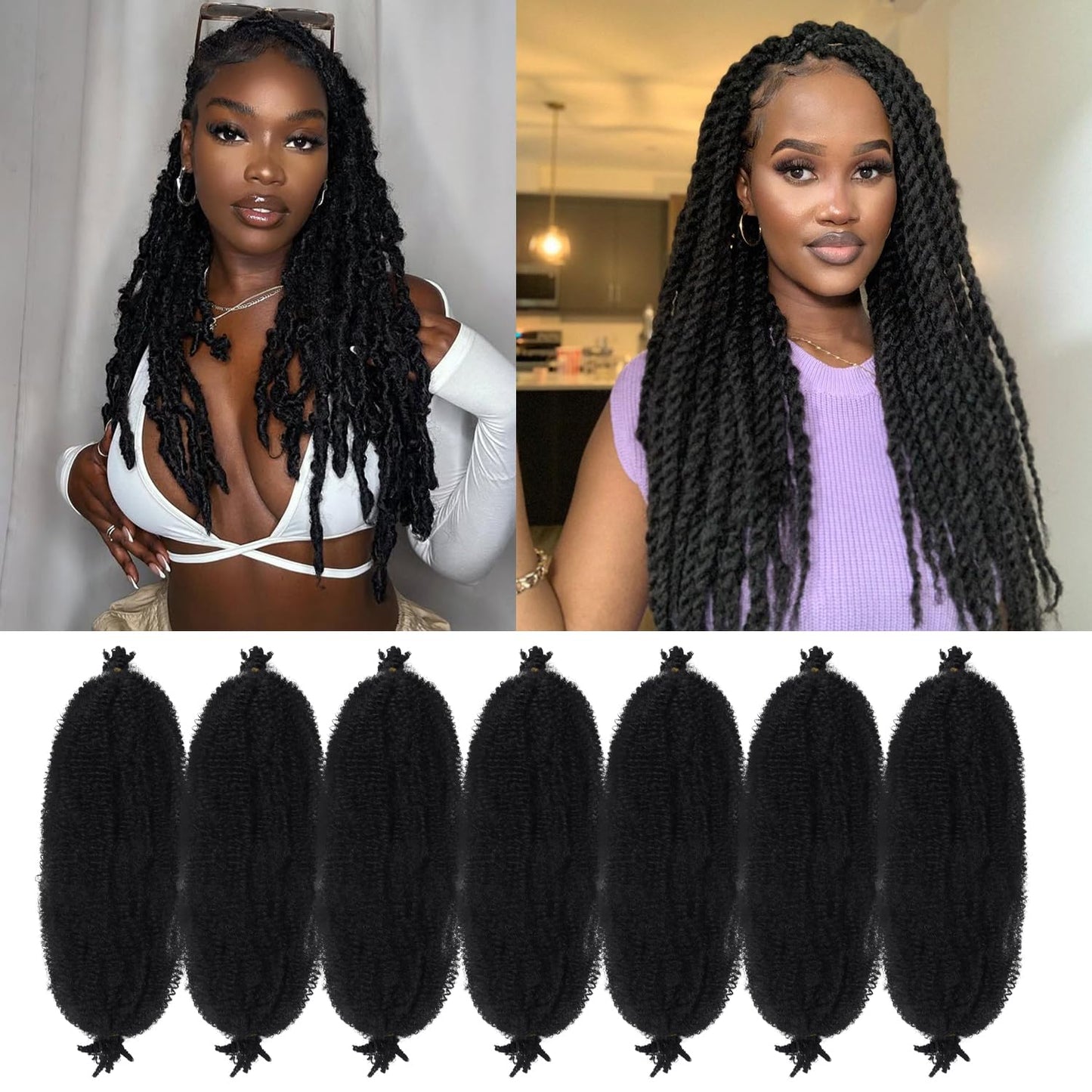 Marley Twist Braiding Hair 18 Inch Black 7 Packs Afro Twist Hair Pre Separated Spring Twist Hair Pre Fluffed Cuban Twist Hair Synthetic Wrapping Hair Extensions for Soft Locs (18",1B)