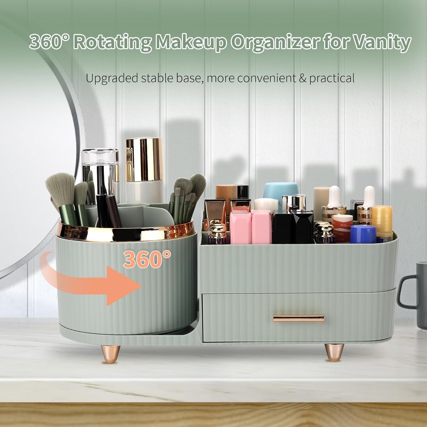 Makeup Organizer - Versatile Vanity Storage Case with Drawers | Fits Cosmetics, Skincare, Brushes & Accessories - Green