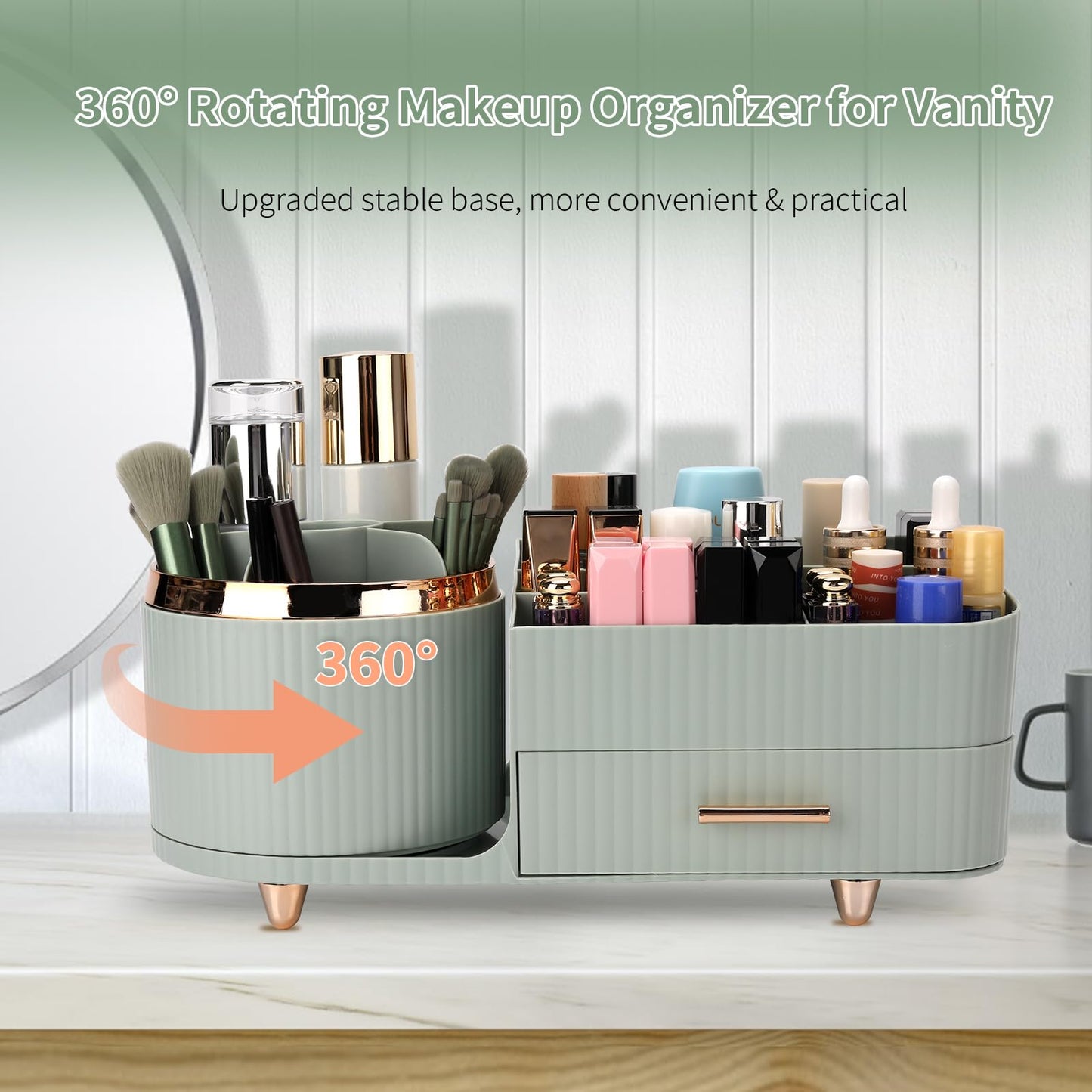 Beborxue 360° Rotating Makeup Organizer for Vanity with Drawers, Large Capacity Cosmetic Display Case, skincare organizer, Cosmetic Organizer for Lipstick, Skincare, Brushes, Eyeshadow, (Green)