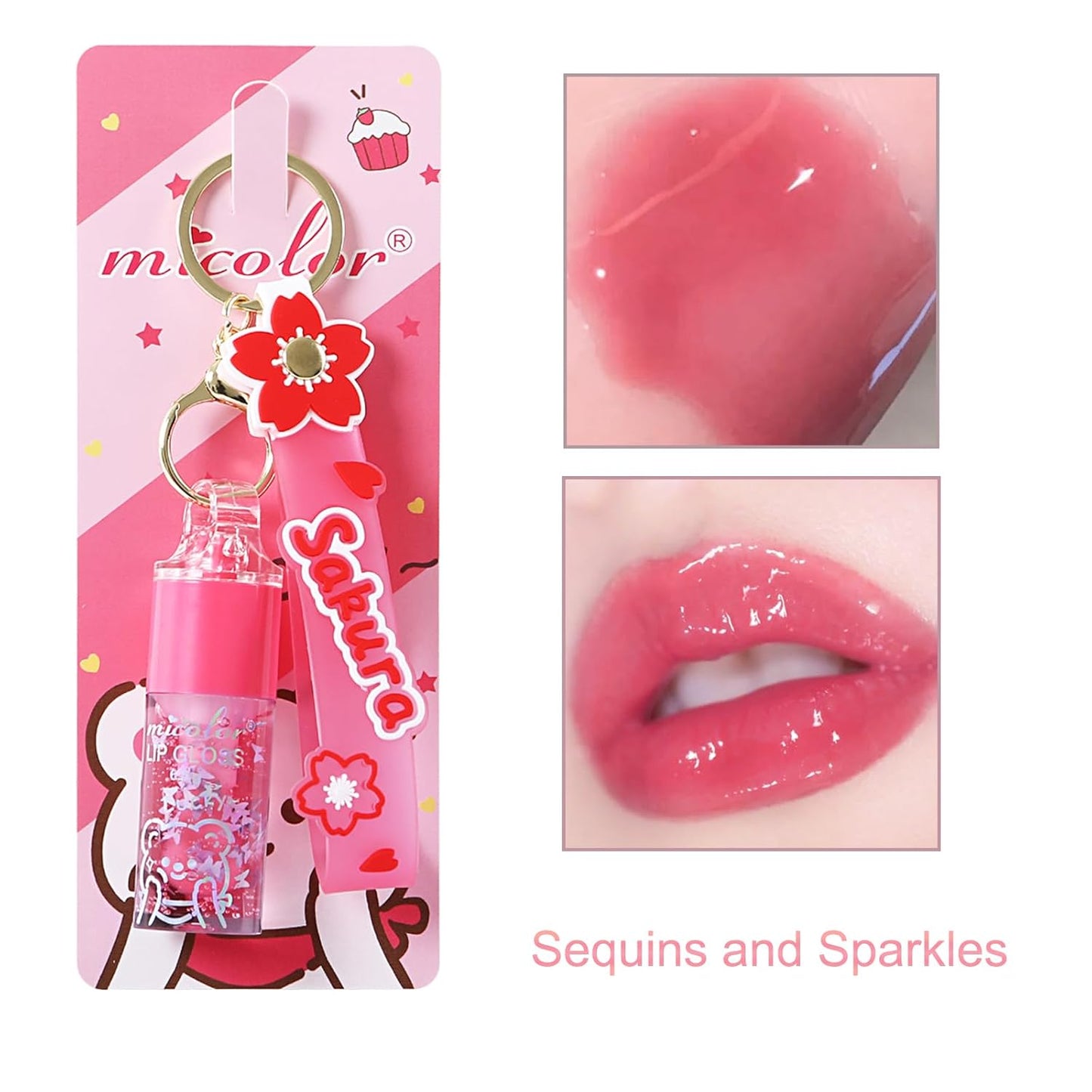 Hydrating Lip Gloss Set - Glossy Shimmer Finish | 3 Colors with Natural Moisturizing Formula & Sakura Keychain Design