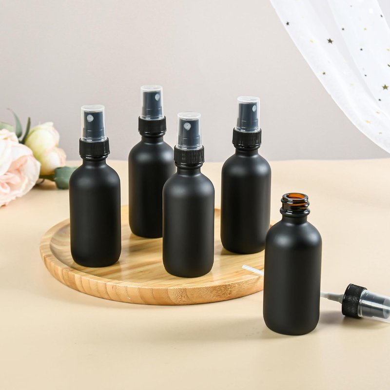 Billionstars 48 Pack 2oz Glass Boston Round Bottles - Fine Mist Sprayer for Essential Oils & Beauty | Leakproof Black Frosted