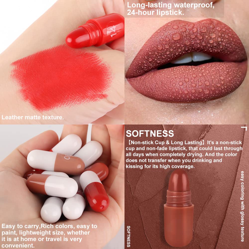 BINGBRUSH 18Pcs Pill Lipstick Capsules Samples Mini Set Makeup, Long Lasting Lip Stain Lápiz Labial Rojo Women Red Cute Lip Stick Purse Set Labiales Matte Larga Duracion 24
