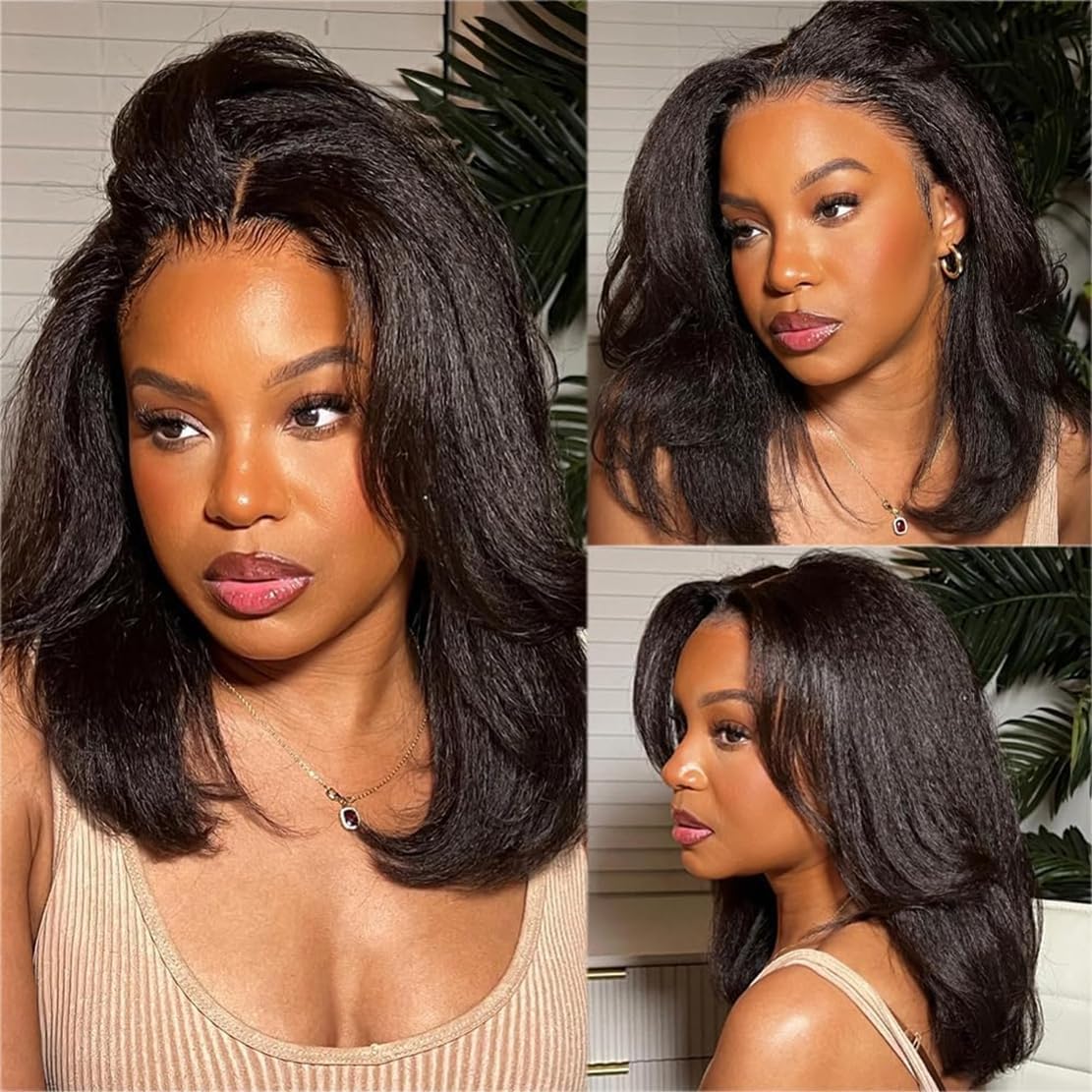 Emistar Black V Part Wig Kinky Straight Wig Upgrade U Part Synthetic Wigs for Black Women Full Head Clip In Hair Glueless Blend Human Hair Replacement Synthetic Wigs Natural Scalp (Black2.0, 14 Inch)