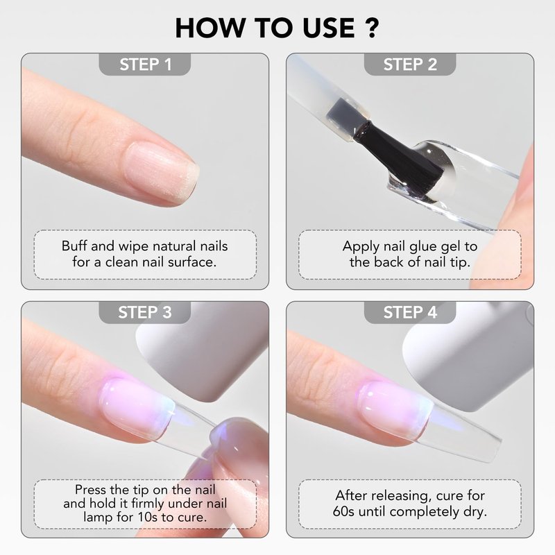 GAOY 4 Pcs 16ml Gel Nail Glue for Acrylic Nails Tips, 2 in 1 Nail Glue and Base Coat, UV Light Cure
