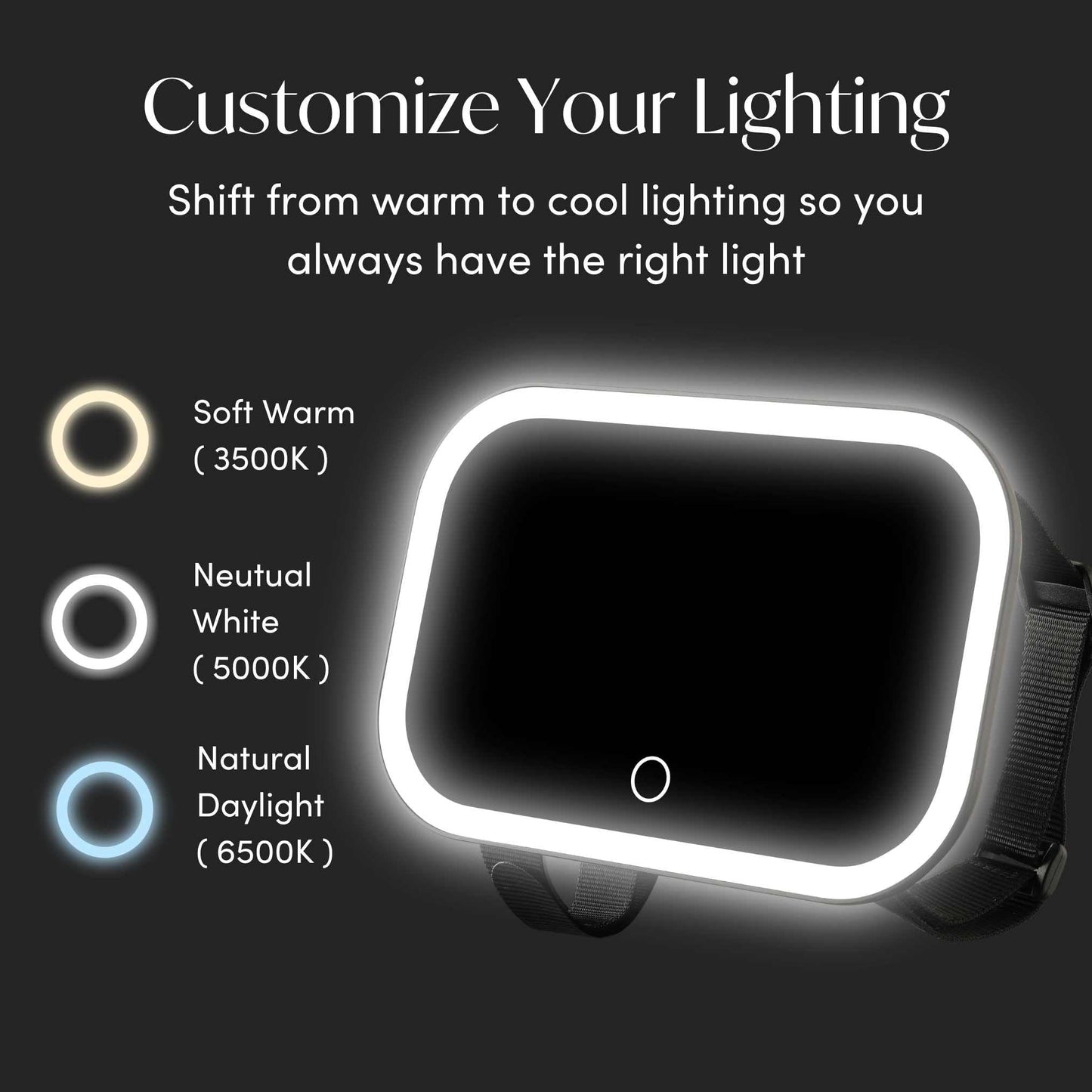 Fancii Car Sun Visor Makeup Mirror with Light, Rechargeable, 3 Color Modes, Dimmable, Adjustable Strap Clip-On Vanity Mirror, Universal fit, Built-in Kickstand (Juni 2) - Black